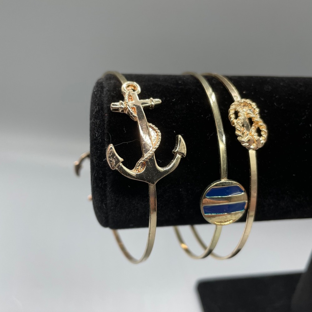 Gold Tone Nautical Bangle Bracelet Set Anchor Sailors Knot Blue Enamel 3pc